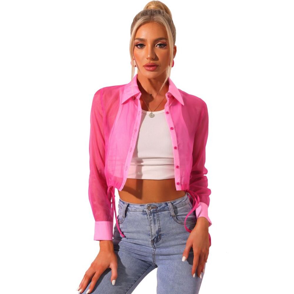 See Through Top Long Sleeve Button Down Cropped Jacket Hot Pink